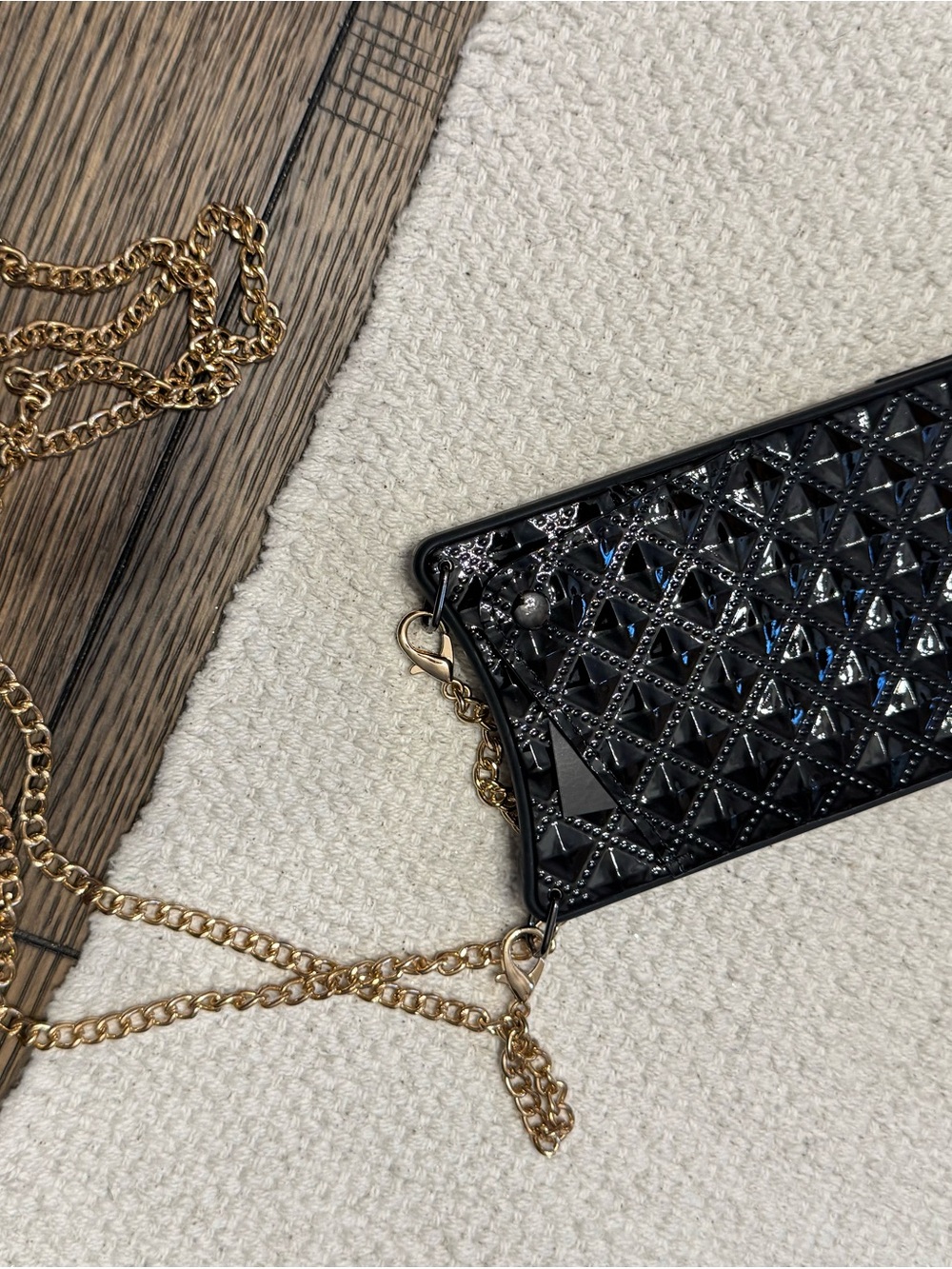 Bandolier Black Quilted Patent Crossbody Bag with Gold Chain